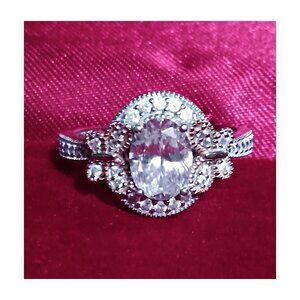 Silver-Tone Oval Ring with CZ Clear Center Stone